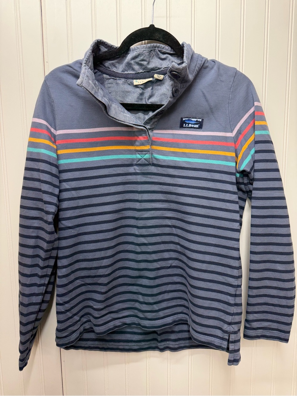 L.L. Bean Women's Navy Striped Zip-Up Top with Multicolor Chest Stripes